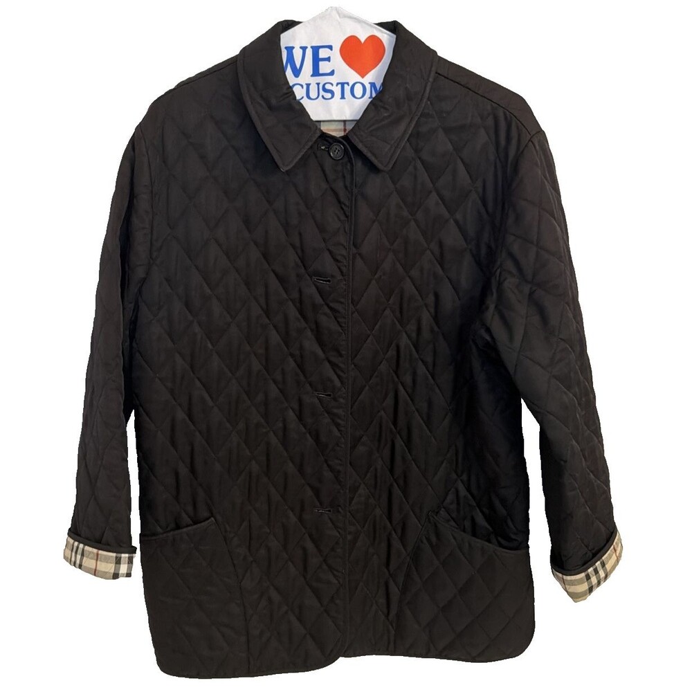 VINTAGE BURBERRY BRIT BLACK QUILTED JACKET Women L Large Nova Check Coat CLEANED
